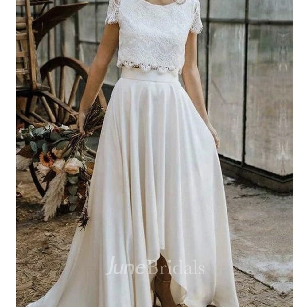 NWT Boho Champagne 2-Piece Wedding Dress - High-Low/Long Train - Size 16W